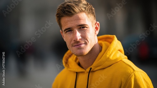 Close-up portrait of young man smiling wearing yellow hoodie outdoors on urban street.