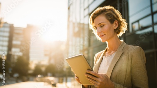 Businesswoman Using Digital Tablet Outdoors Near Modern Glass Building at Sunset.