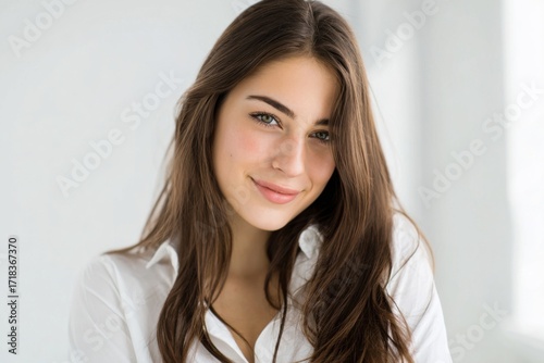 Beautiful young woman with long brown hair smiling in bright natural light indoors.