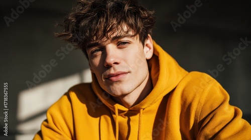 Young Man with Stylish Curly Hair Wearing Bright Yellow Hoodie Outdoors Sunlight.