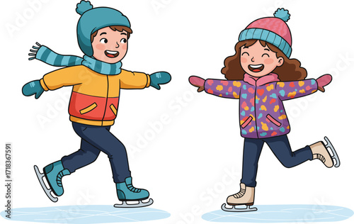Happy children ice skating together, winter outdoor fun activity, kids wearing colorful jackets, joyful childhood playtime, cold season sports, holiday entertainment, excitement