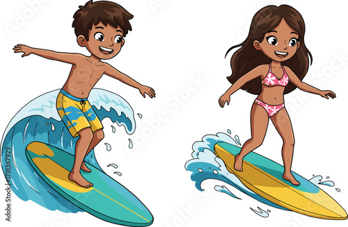 Happy children surfing ocean waves, boy and girl riding surfboards, fun summer beach sport activity, cartoon kids enjoying exciting water adventure