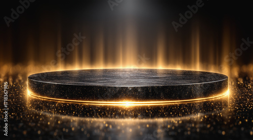 Empty black and gold pedestal under dramatic spotlight for luxury display
