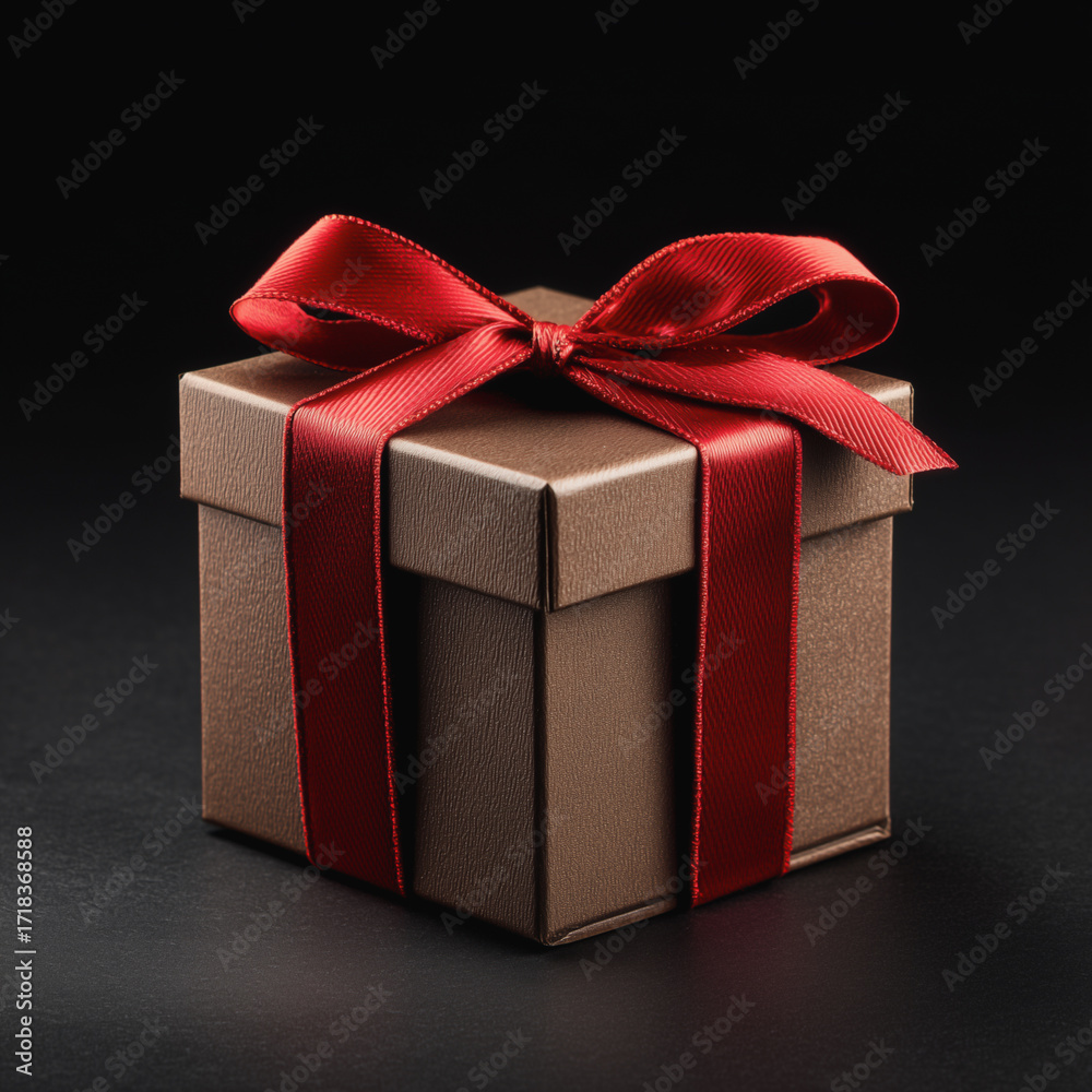 Obraz premium Brown gift box with red ribbon bow on dark elegant background 