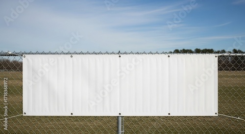 Large Blank White Vinyl Banner Template Displayed on an Outdoor Chain Link Fence with Green Field and Blue Sky Background