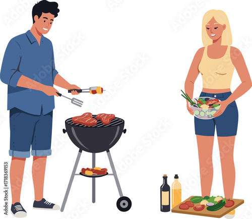 Man grilling barbecue, woman preparing salad, summer outdoor cooking, backyard picnic, couple cooking food, holiday lifestyle, BBQ party, family gathering