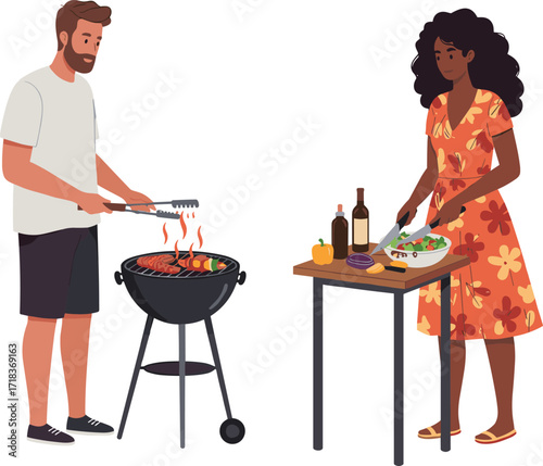 Man grilling barbecue, woman preparing salad, summer cooking outdoors, couple enjoying picnic, backyard BBQ, food preparation, holiday lifestyle, party meal