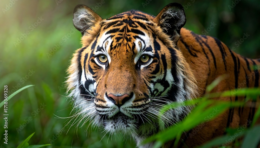 Fototapeta premium Close-up tiger portrait in lush jungle