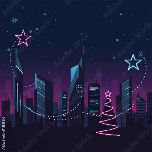 Neon cityscape with glowing stars snowflakes and a Christmas tree
