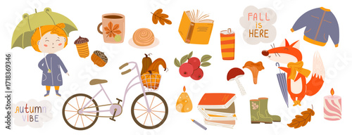 Autumn illustration set. Cute girl with umbrella, fox, bicycle, pumpkin, book, coffee, mushrooms, candle and leaves. Cozy fall elements in warm colors. Simple flat style design sticker