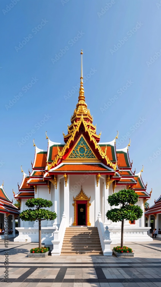 Fototapeta premium Stunning Thai Temple with Golden Spire Against Clear Blue Sky