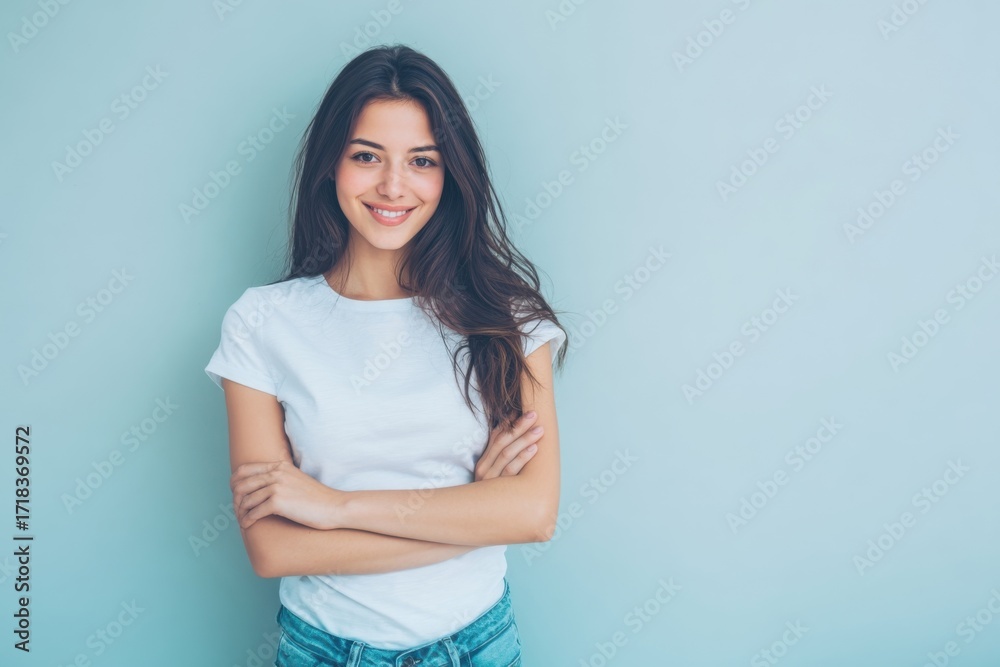 Obraz premium Bright smiling young woman with long dark hair wearing casual white t-shirt standing against pastel blue background.