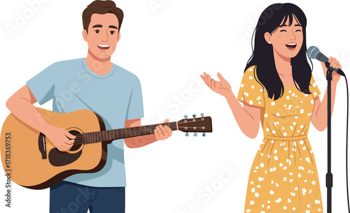 Man playing guitar, woman singing with microphone, music performance, live concert, duet performance, stage entertainment, musician couple, singing practice, music lifestyle