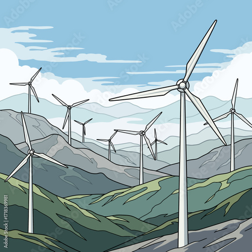 Scenic view of wind turbines on rolling hills under a blue sky, embodying clean energy and sustainable power generation for a greener future