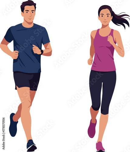 Man running in sportswear, woman jogging outdoors, healthy lifestyle, fitness exercise, morning workout, marathon training, active people, cardio activity