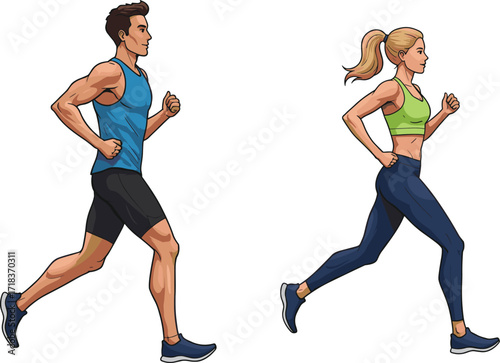 Man running, woman jogging, athletic couple, outdoor workout, sport exercise, fitness lifestyle, marathon training, healthy activity, active people, wellness routine