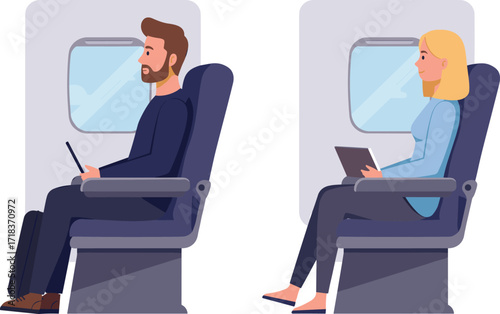 Man using tablet airplane seat, woman working flight travel, passengers sitting plane, business trip, vacation journey, airline transport, travel lifestyle