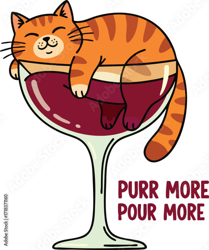 Cute Cat in Wine Glass Cartoon – Purr More Pour More Funny Drinking Illustration