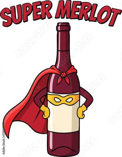 Funny Superhero Wine Bottle Cartoon – Super Merlot Drinking Humor Illustration