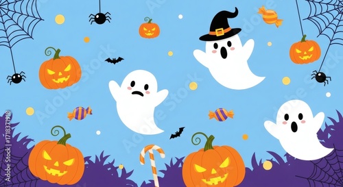 Delightful Halloween pattern featuring pumpkins, ghosts, bats and spiders perfect for festive designs and seasonal promotions with a whimsical touch