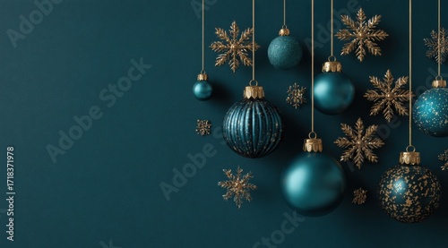Elegant Collection of Blue and Gold Christmas Ornaments Hanging on a Dark Background, Showcasing Festive Decorations and Delicate Snowflake Accents