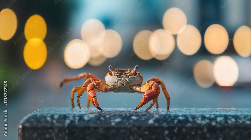 Fototapeta premium A crab standing proudly on a stone ledge, showcasing intricate details in its shell, and claws, against a bokeh backdrop.