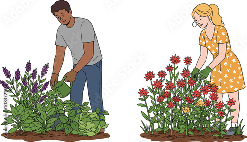 Man watering plants, woman gardening flowers, people working in garden, outdoor nature care, home gardening, lifestyle activity, plant growth, floral beauty