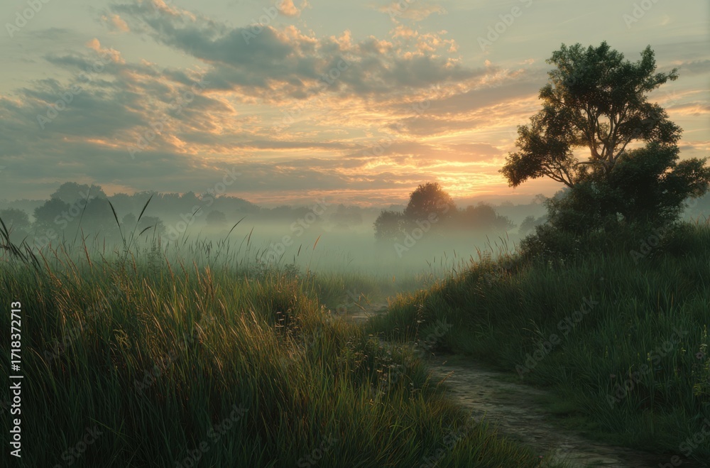 Obraz premium Serene Morning Landscape with Dew-Kissed Grass, Rolling Mist, and a Tranquil Sunrise Sky Blending Soft Hues of Orange, Pink, and Blue Over a Peaceful Meadow Path