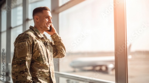 Happy military man smiling and talking on phone while waiting at airport terminal.