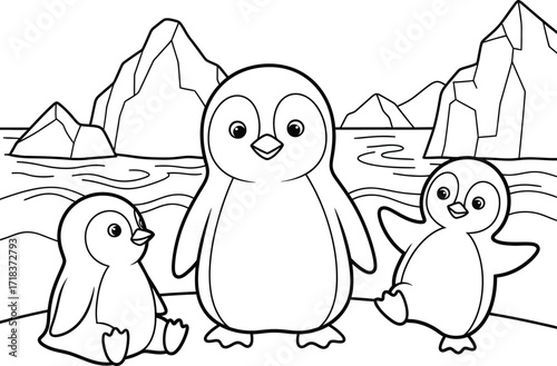 Adorable penguin family coloring page art with iceberg background fun for kids silhouette