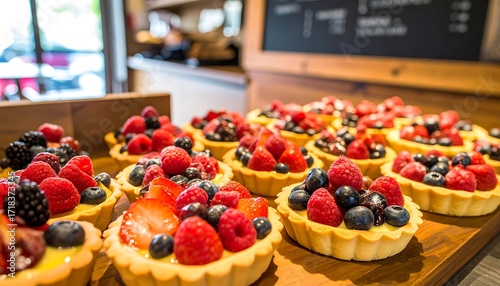 Fresh fruit tarts on a wooden tray