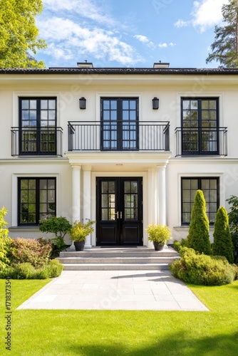 Wallpaper Mural A grand, light cream-colored house with black windows and doors, a stone walkway, and lush landscaping, exudes elegance and tranquility under a vibrant blue sky. Torontodigital.ca