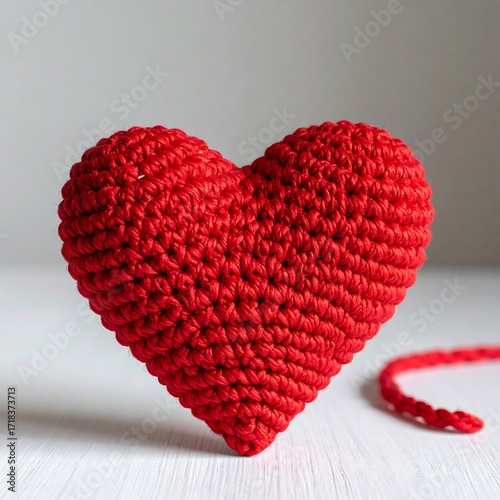 Red crocheted heart on white surface