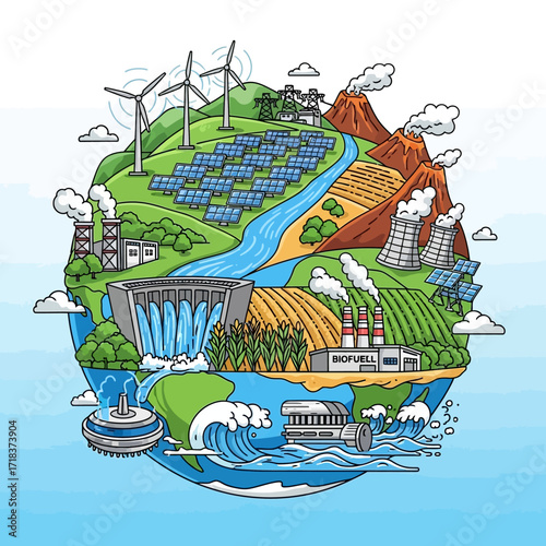 Illustrative world showcasing renewable energy sources like wind turbines, solar panels, hydroelectric dams, and geothermal plants for a sustainable future
