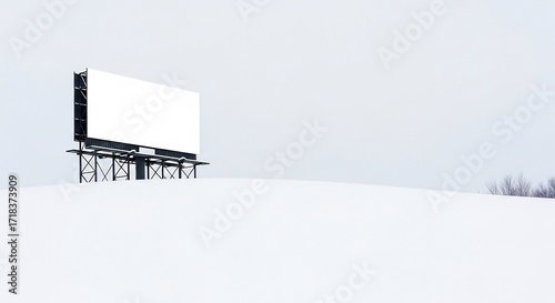 Minimalist blank billboard stands starkly in a vast, empty snowy winter landscape, ready for advertising.