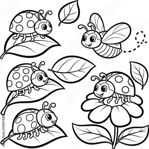 Adorable ladybugs and bee in line art for coloring pages and kids projects silhouette