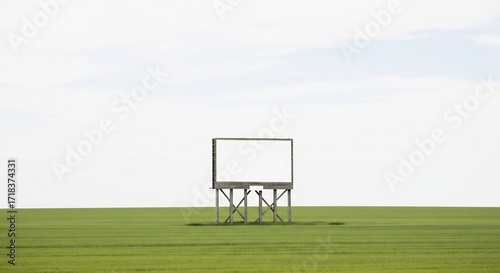 Minimalist Empty Billboard Frame Standing Alone in a Vast Green Field Under a Bright, Open Sky