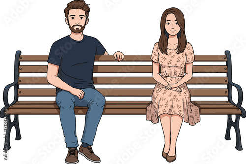 Park bench illustration, seated couple, casual fashion, relaxed posture, outdoor lifestyle, social moment, flat design, peaceful vibe, everyday scene, character concept