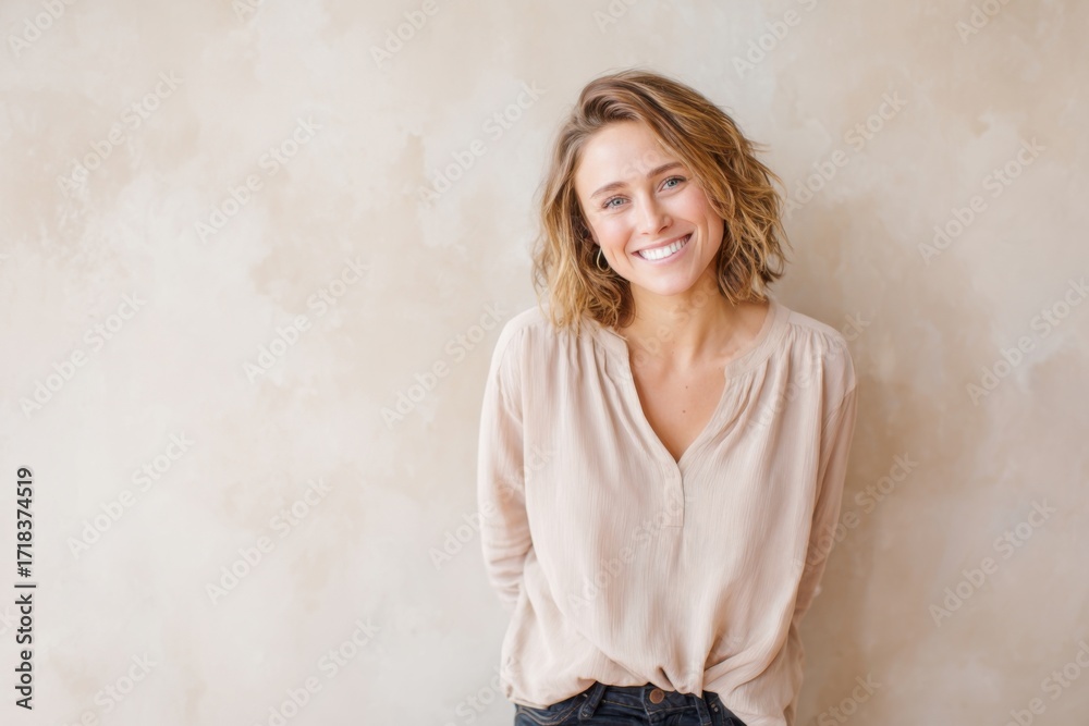 Fototapeta premium Bright smiling woman with wavy hair in casual beige blouse standing indoors.