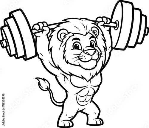 Strong muscular cartoon lion lifting heavy weights symbolizing strength and fitness training silhouette