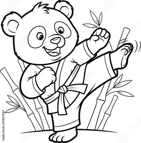 Playful panda karate master kicking high amidst bamboo forest line art silhouette