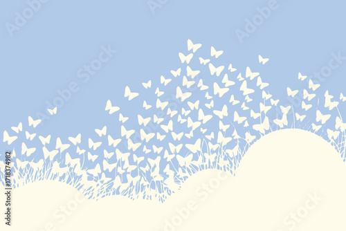 minimal white butterfly vector design on grass field with ethereal motion and serene nature illustration