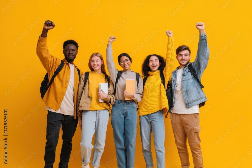 Obraz premium Diverse Group of Young People Celebrating Success and Friendship on Yellow Background.