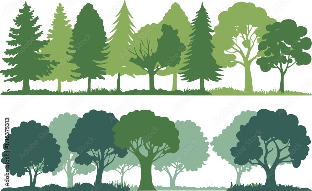 Obraz premium layered vector forest silhouettes with gradient green shades tree shapes for environmental and outdoor illustrations
