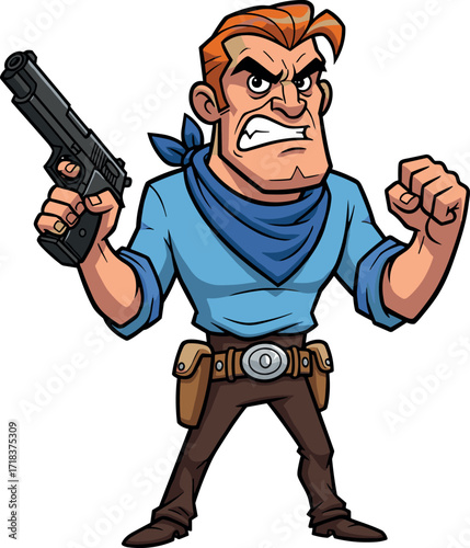 Angry cartoon cowboy character with gun in action pose, tough western fighter illustration for wild west themed vector content