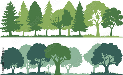 layered vector forest silhouettes with gradient green shades tree shapes for environmental and outdoor illustrations