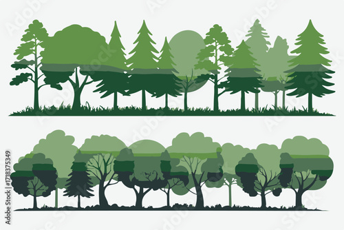 seamless illustrated tree line art in gradient green tones vector design for woodland backgrounds and eco concepts