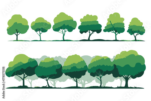 minimal tree silhouette set with flat and stylized foliage patterns ideal for branding logo print editorial use