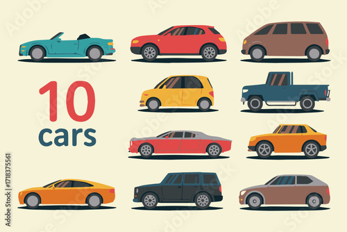 set of 10 flat car vectors in ai eps jpeg and png formats featuring convertible suv sedan pickup and hatchback