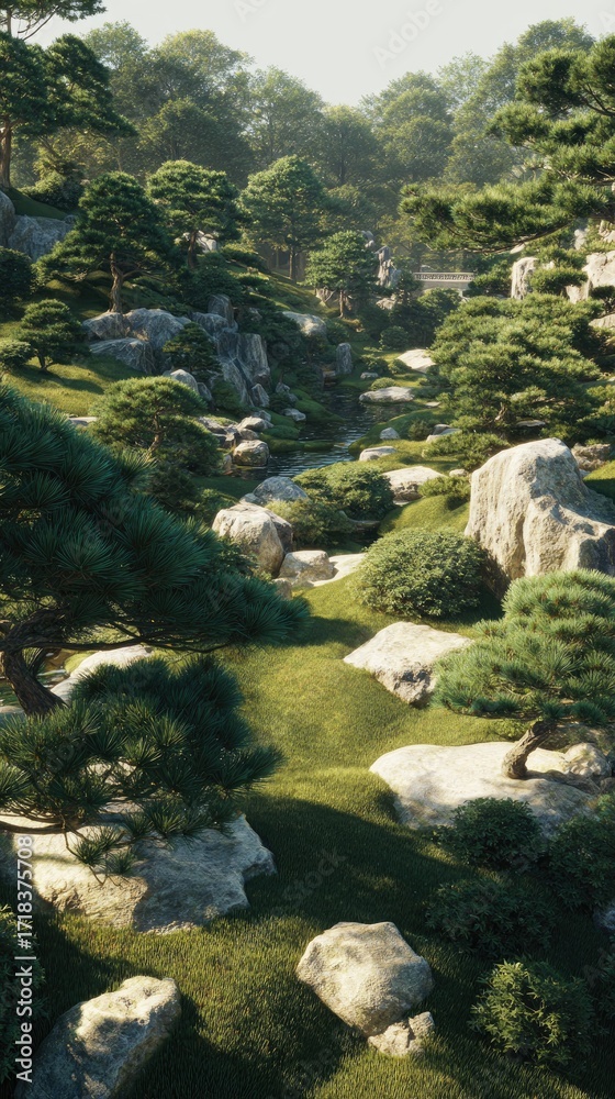 Naklejka premium A serene, sunlit garden path winds through a meticulously landscaped, tranquil area, featuring a collection of pine trees and rocks.